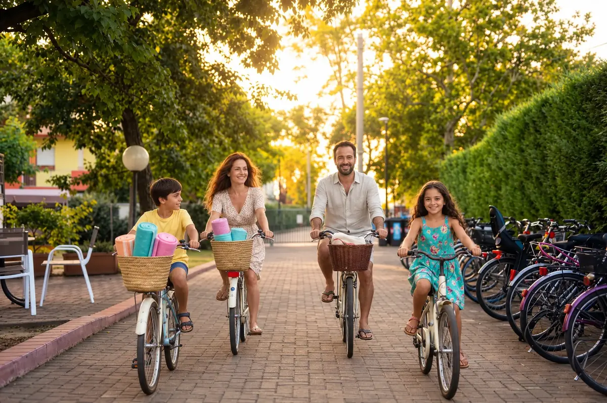 The family on their bikes along the path, ready to head to the beach