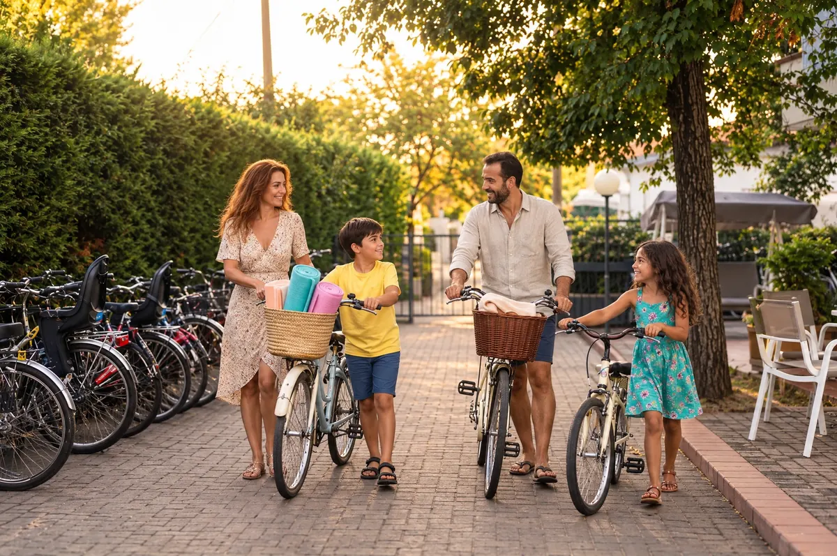 Una famiglia prende le biciclette degli ospiti nel vialetto interno