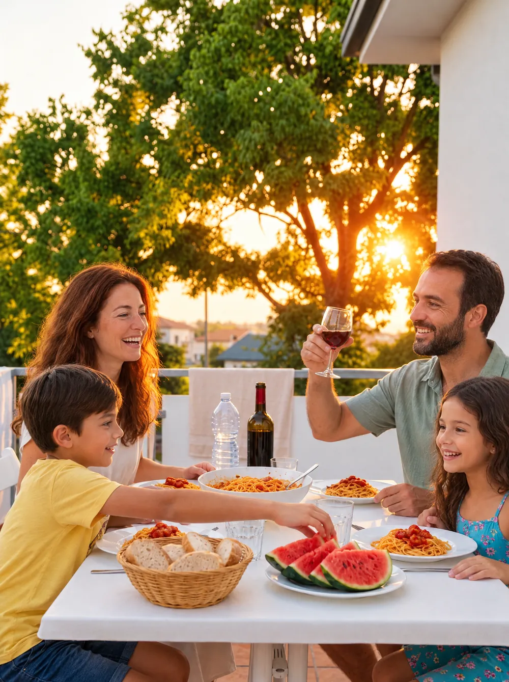Una famiglia a cena in terrazzo al tramonto, con pasta, anguria e un brindisi